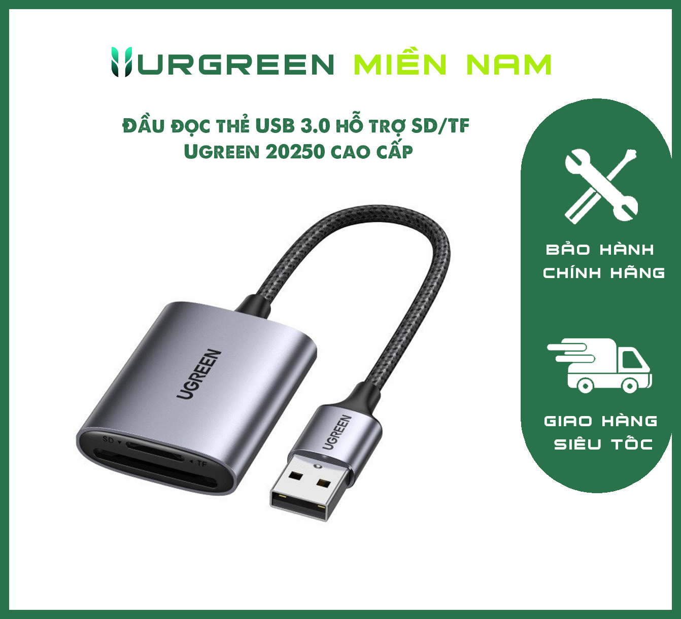 Đầu đọc thẻ USB 3.0 hỗ trợ SD/TF chính hãng Ugreen 20250 cao cấp